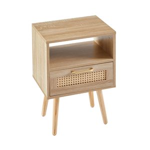 Tavolino Moderno in Rattan da 40 cm con Cassetto e Gambe in Legno Massello, Comodino e Tavolino Laterale Naturale per Camera da Letto o Soggiorno - Product Image 6