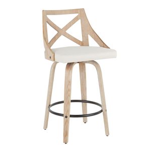 Sgabello da bancone Charlotte da 26 pollici a altezza fissa, in legno bianco sbiancato e tessuto crema, con funzione girevole, set di 2 sedie da pranzo in stile rustico - Product Image 2