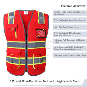 Chaleco de Seguridad Reflectante de Alta Visibilidad Rojo con Múltiples Bolsillos, Ropa de Trabajo Unisex de Buena Calidad, Chaleco con Bolsillos Tipo Cargo - Product Image 3