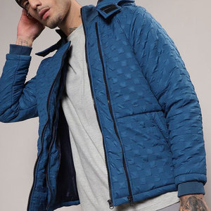 Chaqueta Acolchada Azul para Hombre, Cuello Alto, Cierre de Cremallera, Resistente al Viento, Abrigo Casual de Invierno, Color Sólido, Relleno de Algodón, Diseño Paisley - Product Image 5
