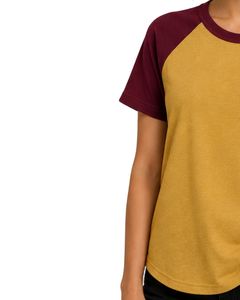 T-shirt Raglan Personnalisé Jaune Moutarde et Bordeaux pour Femme – Col Rond Décontracté, Manches Courtes, Mélange de Coton Doux, Tendance Estivale - Product Image 3