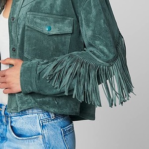 Premium Green Genuine <b>Suede</b> Women <b>Leather</b> Fringe <b>Jacket</b> Button Closure Type Back and Shoulder Fringes Customization Avaible - Product Image 5