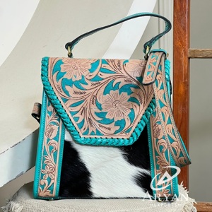 Bolso Bandolera de Cuero Genuino Bohemio para Mujer, Diseño Floral Repujado, Bolso Mensajero de Piel de Vaca con Cierre de Solapa y Correa Ajustable - Product Image 1