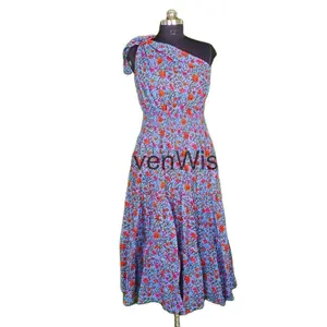 New Party Wear One Piece Off Shoulder Sleeveless Long Dress Vintage Frill Floral Cotton Dress Ladies Traditional Wear