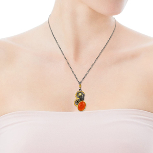 Vintage <b>Solid</b> 925 Sterling Silver Coral <b>Pendant</b> With Peridot And Black Stone 22K <b>Gold</b> Plated Everyday Wear Fine <b>Pendant</b> & Charms - Product Image 5