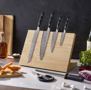 <b>Black</b> <b>Handle</b> <b>Kitchen</b> Knives Set with Silver Patterned Blades Light Brown Display Holder Scissors and Honing Rod for Food Prep - Product Image 6