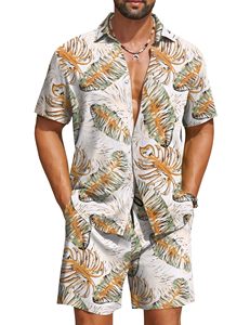 Conjunto de camisa de manga corta con estampado de hojas tropicales y pantalones cortos a juego para hombre, estilo informal, colorido, para vacaciones de verano. - Product Image 1