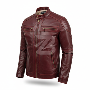 Zarina Wear Men Genuine Leather Winter Embroidered Biker Moto <b>Jacket</b> Burgundy <b>Red</b> Stand Collar YKK Zipper Casual Motorcycle - Product Image 3