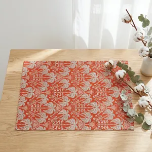 Finest Embroidered Red Cotton Schiffli Eyelet Fabric with White Tropical Palm <b>Tree</b> Embroidery for Resort Wear and Cushion Covers - Product Image 3