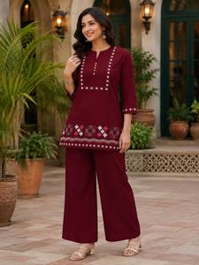 Ensemble indien pakistanais pour femmes, Kurti brodé en rayonne, pantalon palazzo, tenue ethnique décontractée - Product Image 1