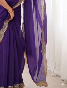 Sari en satin brodé pour femme, style Bollywood, avec chemisier non cousu (violet) - Product Image 4