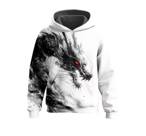 Sweat-shirt à capuche unisexe surdimensionné en polaire imprimé graphique dragon noir et blanc, vente en gros OEM ODM, streetwear d'hiver - Product Image 2