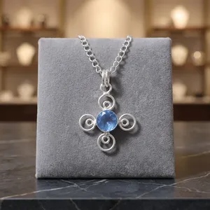 Collier pendentif en argent sterling 925 plaqué, avec tanzanite bleue taille ronde, bijou romantique pour homme et femme - Product Image 5