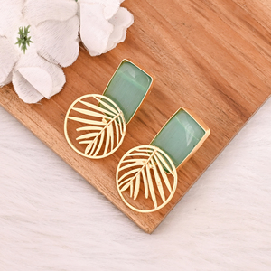 Handmade Gold Plated Green Cat's Eye Gemstone Brass Earrings Trendy Fashion Statement Jewelry for Women - Product Image 3