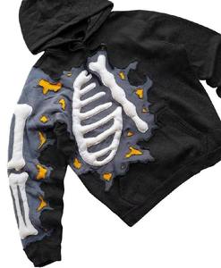 Vente en gros de sweats à capuche personnalisés pour hommes, en coton molletonné, avec impression de logo, marque privée, fournisseur de streetwear, impression 3D squelette en relief - Product Image 5