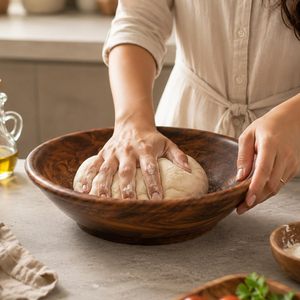 Bol à salade en bois artisanal avec cuillères de service, grand bol de service en bois rustique pour la cuisine et la salle à manger - Product Image 4