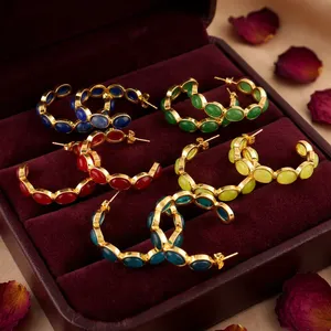 Joyería Única, Pendientes de Aro Ovalados con Gemas de Colores, Chapados en Oro de 18k, Estilo Moderno para Mujer - Product Image 5