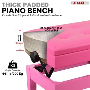 Sgabello per Pianoforte Imbottito in Legno da 3,5 Pollici Duet, Seduta Doppia per Tastiera Resistente con Vano Portaoggetti, Antiscivolo, Rosa, Altezza Regolabile, Modello D0100XUZP7U - Product Image 2