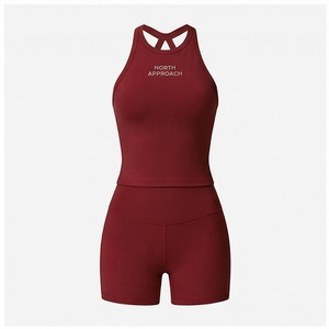 North Approach 2 Piece Yoga Set Racerback Crop Top High Waist Shorts Solid Color Breathable Sportswear - Product Image 1