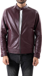 Men's <b>Burgundy</b> PU <b>Leather</b> Moto <b>Jacket</b> Stand Collar Zipper Closure Regular Fit Autumn Wear - Product Image 4