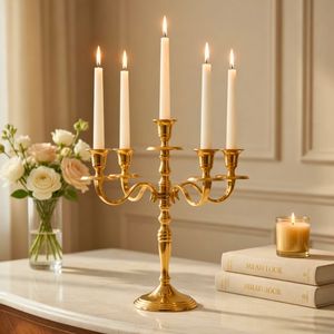 Candelabro de Lujo de 5 Brazos, 30 CM, Metal Dorado, Portavelas Decorativo para Centro de Mesa de Boda, Decoración del Hogar y Hoteles - Product Image 1