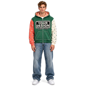 Sudadera con capucha y cremallera para hombre, estilo urbano, informal, de algodón, con diseño de bloques de color, bordado personalizado y efecto desgastado. - Product Image 1