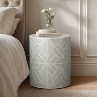 Table d'appoint ronde en bois massif avec incrustations en os et rangement, meuble d'appoint aspect marbre pour chambre, salon, hôtel