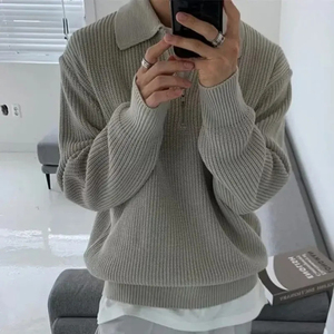 <b>Men's</b> Wool Half Zip Cardigan Turn-down Collar Thick Knit Solid Color Winter Wear Anti-Pilling Regular Sleeve - Product Image 3