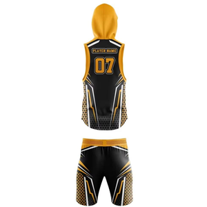 Custom Sublimated Basketball Hoodie & Shorts Set Black Gold Geometric Print Moisture Wicking Unisex <b>Athletic</b> Wear - Product Image 2
