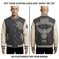 430 GSM schwere Wollmischung, marineblauer Körper, graue PU-Lederärmel, Varsity-Jacke mit individuellem Chenille-Sticklogo, Varsity-Jacke für Herren