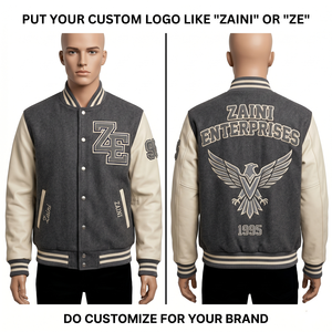 Chaqueta Varsity para hombre de mezcla de lana gruesa de 430 GSM, color azul marino, con mangas de cuero PU gris, logotipo bordado en chenilla personalizado. - Product Image 2