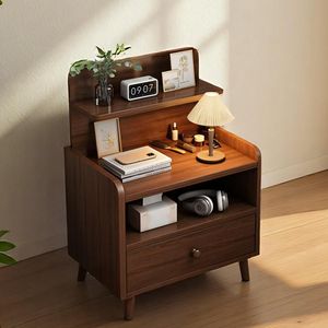 Modern Teak Wood <b>Bedside</b> Table with Storage Drawer Open <b>Shelf</b> and Minimalist Nightstand Design - Product Image 1