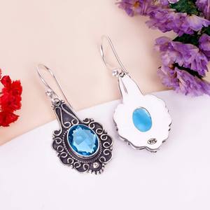 Oval Shape Blue <b>Tourmaline</b> Gemstone <b>Earrings</b> 925 Sterling Silver Vintage Style Handmade Jewelry Gift For Women - Product Image 2
