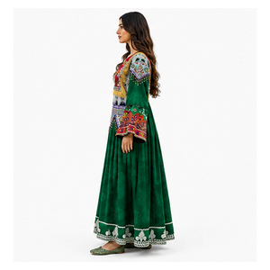 Vestido Tradicional Indio-Pakistaní para Mujer, Verde, Bordado, Largo hasta el Suelo, Holgado, de Algodón, para Bodas, Estilo Étnico Afgano Kuchi - Product Image 3