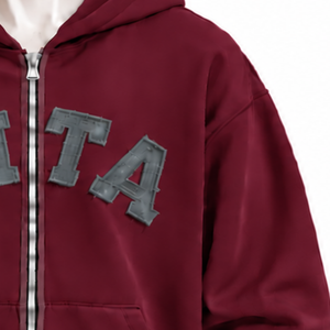 <b>Burgundy</b> <b>Mens</b> Full Zip <b>Hoodie</b> Chenille Letter Patch Heavyweight Fleece Oversized Casual Winter Streetwear Sweatshirt with Pocket - Product Image 5