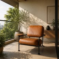 Fauteuil lounge en cuir marron cognac de luxe avec structure en métal noir et table d'appoint intégrée pour salon, mobilier d'hôtel