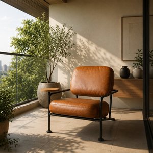 Fauteuil lounge en cuir marron cognac de luxe avec structure en métal noir et table d'appoint intégrée pour salon, mobilier d'hôtel - Product Image 5
