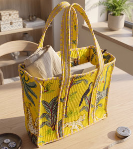 Yellow Hand Block Printed Tropical Print Quilted <b>Canvas</b> Tote Bag Zipper Closure Bohemian Style for Women Shopping <b>Beach</b> Use All - Product Image 1