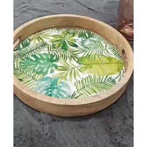ถาดไม้ไผ่ทรงกลมลายใบไม้ ถาดตกแต่งสำหรับเสิร์ฟชา ขนม ของว่าง ทำด้วยมือ เป็นมิตรกับสิ่งแวดล้อม สำหรับตกแต่งบ้าน - Product Image 1