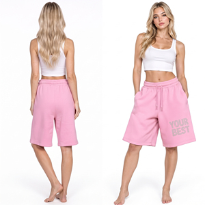 Shorts de Felpa 100% Algodón para Mujer, Estampados con Pedrería, Pierna Ancha, Estilo Urbano, con Bolsillos Laterales - Product Image 4