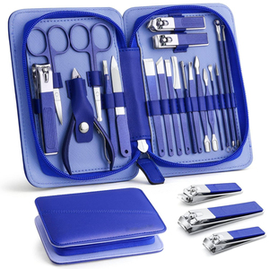 Ensemble de soins personnels professionnel de 18 pièces en acier inoxydable bleu, comprenant des coupe-ongles, des ciseaux, des pinces à cuticules, des pinces, un étui de rangement pour manucure - Product Image 1