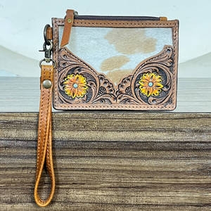 Portefeuille Western pour femme en cuir de vachette véritable, fait main, avec motifs floraux, pochette zippée, porte-monnaie et porte-cartes de crédit/ATM - Product Image 3
