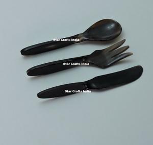 Ensemble de couverts en corne naturelle de style européen, écologique, cuillère à dessert, couteau et fourchette, style viking, couverts en corne de luxe - Product Image 1