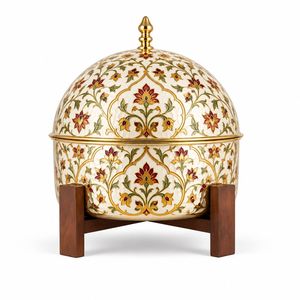 Cazuela redonda azul tradicional árabe meenakari con tapa con diseño floral dorado y soporte de madera - Product Image 2