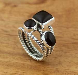 Anillo de Ónix Negro Natural al por Mayor, Plata de Ley 925, Banda de Cable Trenzado, Estilo Gótico Bohemio, Anillo Espiral de Tres Piedras Multiforma - Product Image 2
