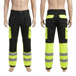 Premium Cotton Polyester Corduroy <b>Waterproof</b> Work Pant 260 GSM Black Neon Yellow Cargo Panels Reflective Tape Custom <b>Trousers</b> - Product Image 1