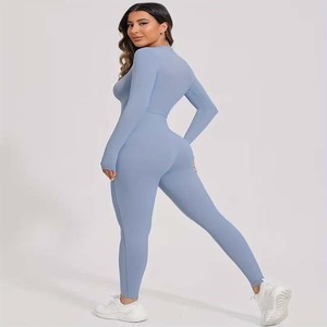 Mono de manga larga con media cremallera para mujer, ajustado, para gimnasio, fitness, yoga, entrenamiento, body con cuello en V, casual - Product Image 2