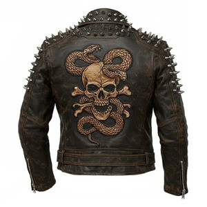 Chaqueta de Motociclista de Cuero Genuino para Hombre, con Diseño de Calavera y Serpiente en Relieve, Remaches en la Espalda, Estilo Vintage, Transpirable, Cierre de Cremallera, Cuello Vuelto, para Invierno - Product Image 2