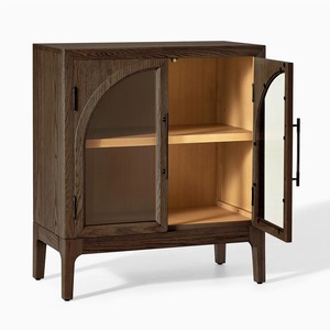 Modern <b>Rustic</b> Handmade Teak Wood Living Room Cabinet with Arched Glass Doors and Storage - Product Image 2