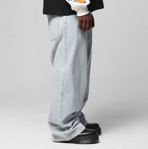 กางเกงยีนส์เดนิมสีฟ้าอ่อนลายทางสไตล์วินเทจทรงสตรีทสไตล์สำหรับผู้ชาย ขากว้างทรงแบ็กกี้ - Product Image 2